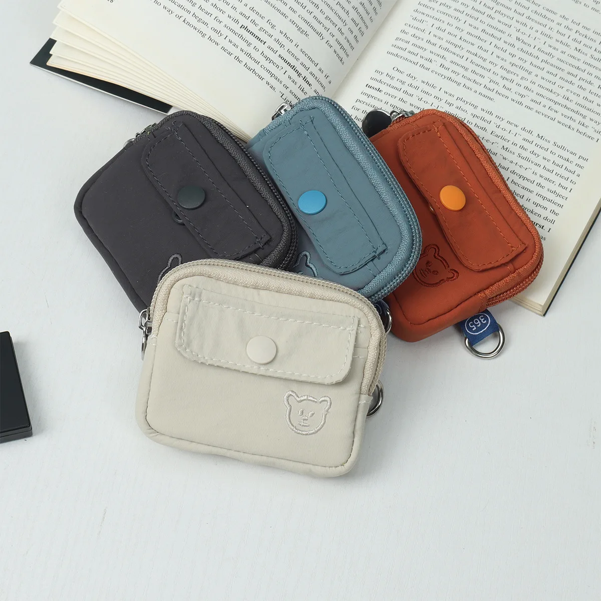 Cute Bear Embroidery Mini Zipper Coin Purse for Women, Waterproof Nylon Small Wallet with Keyring, Card & Earphone Storage Pouch