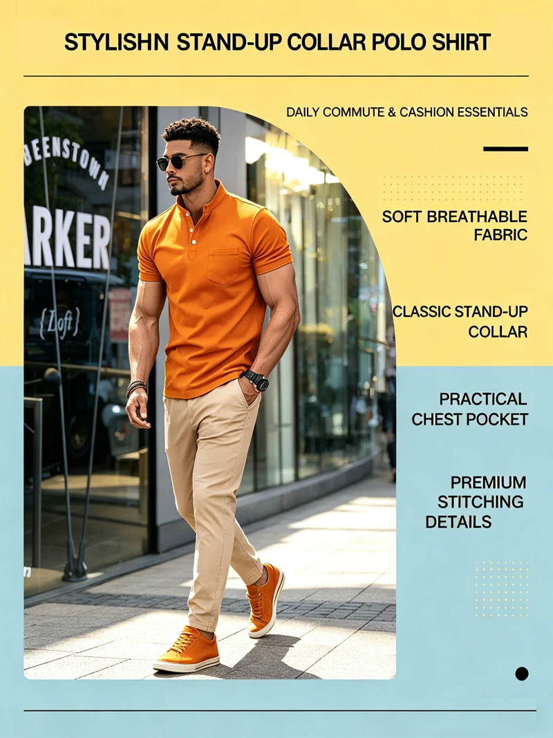 Herren Henley Poloshirt Kurzarm Knopfleiste Lässiges Oberteil mit Brusttasche Atmungsaktive Polyester-T-Shirts für den Täglichen Sommergebrauch – Detail 1