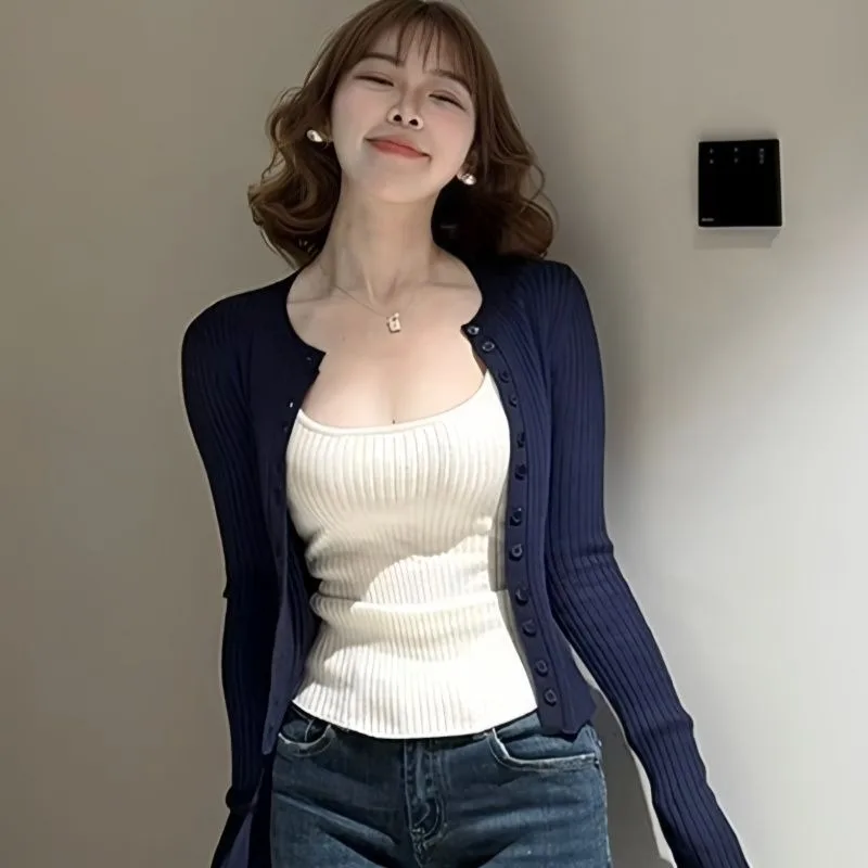 

Navy Blue Long-sleeved Knitted Cardigan Women's Clothing Korean Style Jacket Solid Color Button Fashion Casual Top
