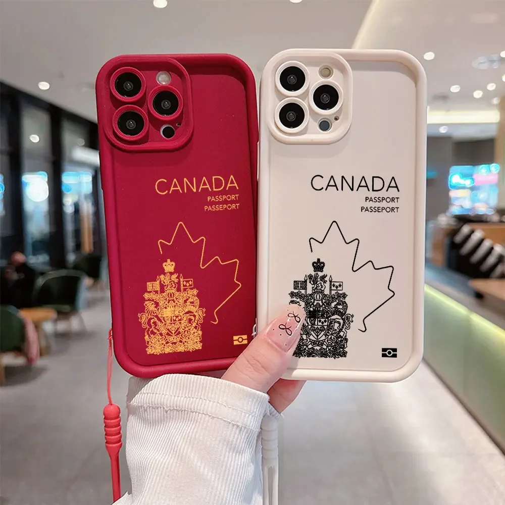 Canada Passport Phone Case for IPhone 16 15 14 13 12 11 Pro Max Mini XR XS X 7 8 Plus Soft TPU Back Cover With Hand Strap