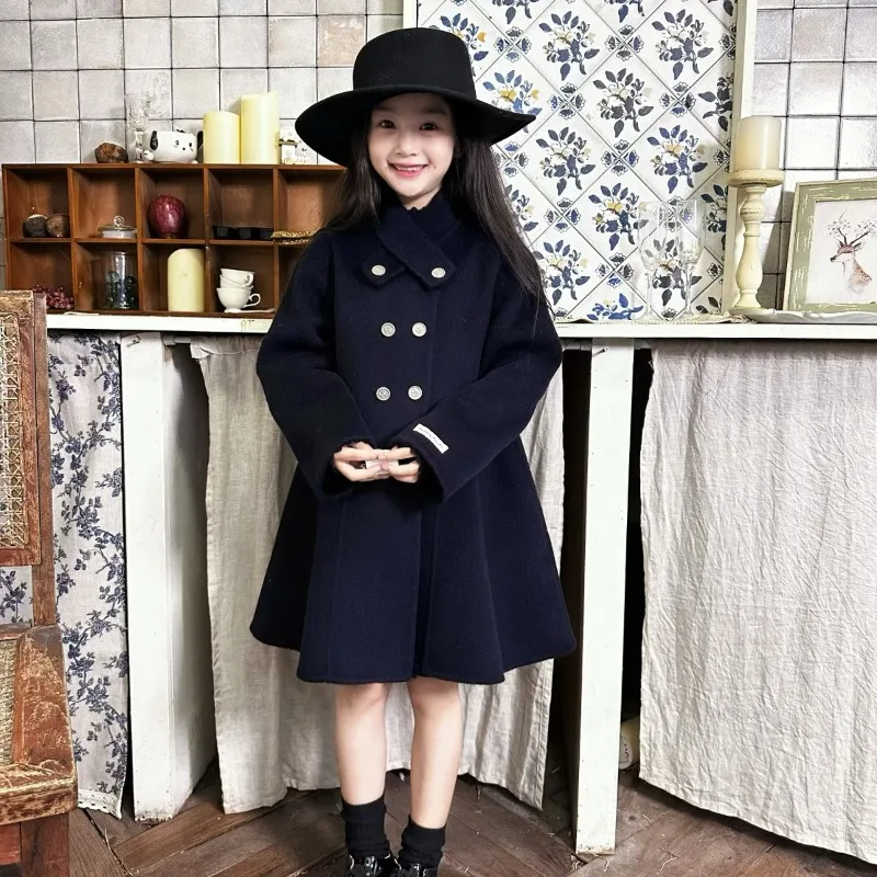 

Новое зимнее шерстяное двустороннее кашемировое пальто ручной работы для девочек, темно-синяя юбка с перекрестным вырезом, куртка, детская качественная куртка-бутик