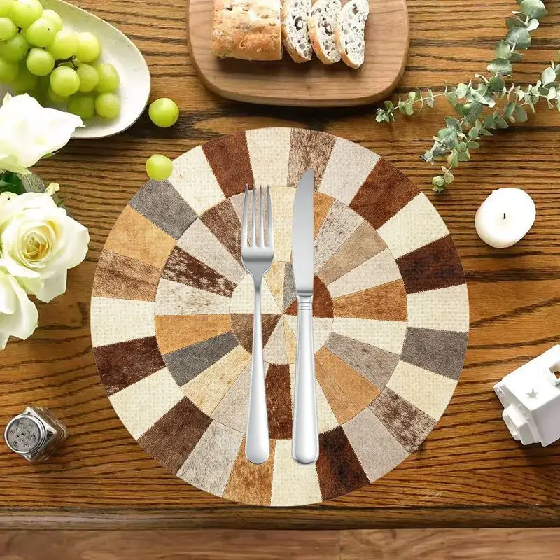 VIKAMA Earth Tone Patchwork Radiant Round Placemats Neutral Rustic Texture Heat Resistant Washable Minimalist Kitchen Table Mat