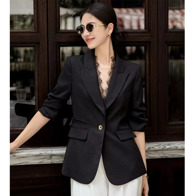 Spring and Autumn New Elegant Acetate Linen Fabric Splicing Lace Design Elbow‑Length Sleeve Single Button Women's Coat S-XL