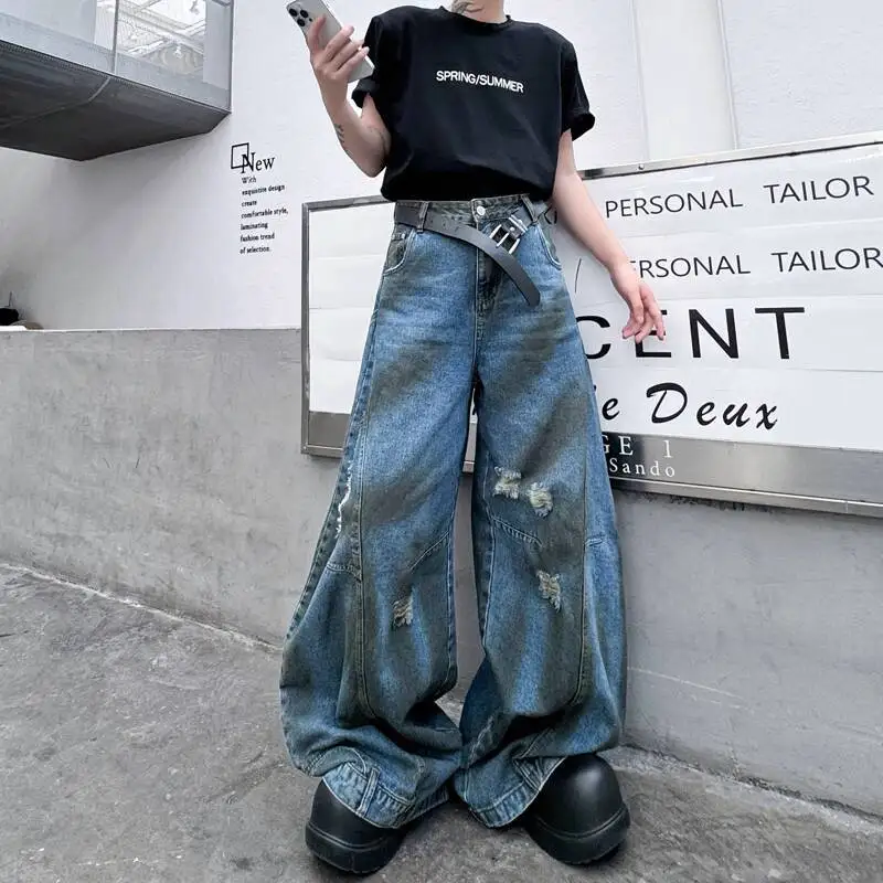 WTHT ヴィンテージ 2025 秋 メンズ タイダイ ホール バーレットエッジ デザイン デニムパンツ トレンド ハイストリート ルーズ ワイドレッグ ジーンズ 男性 2A1453