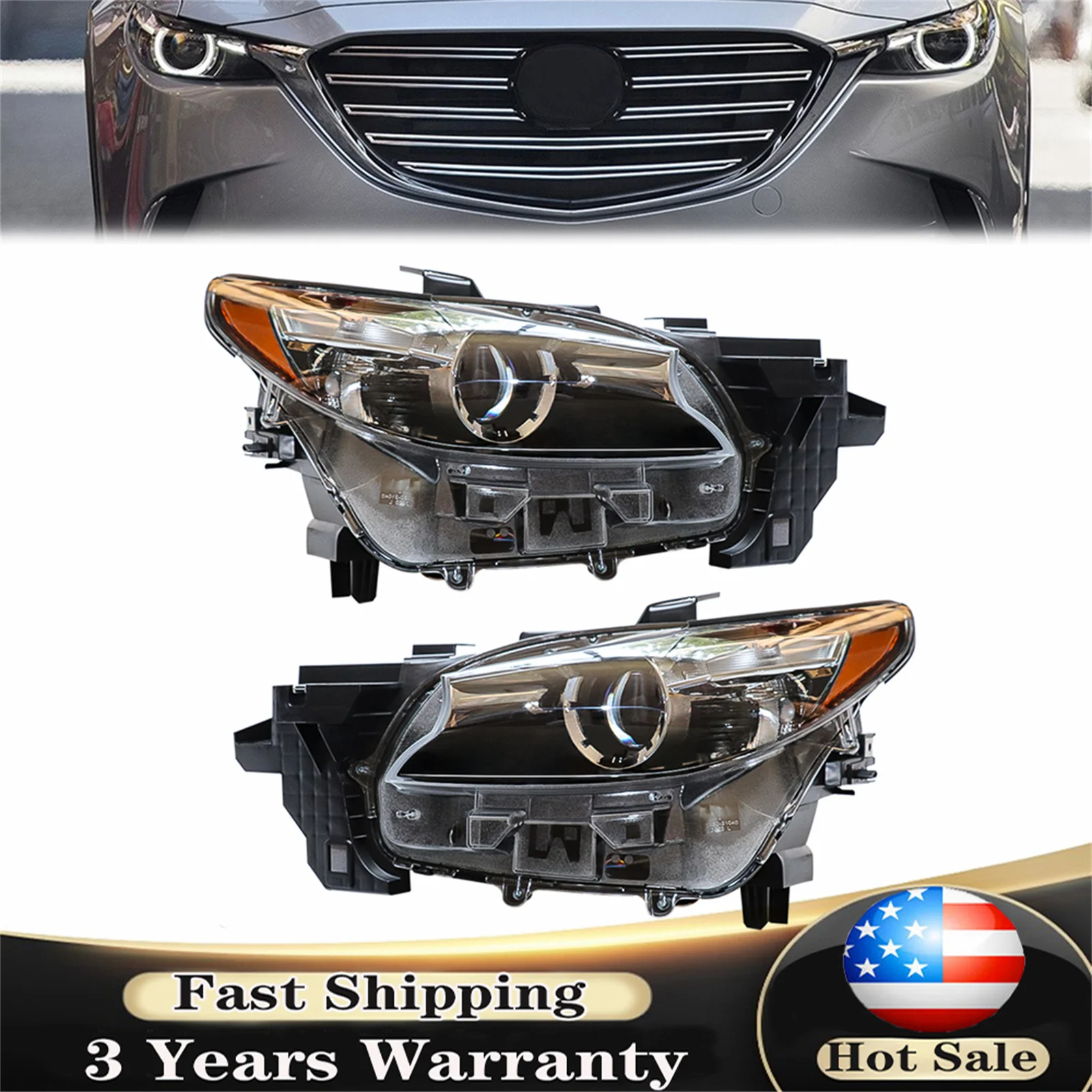 

For 2016-2020 Mazda CX9 CX-9 w/o AFS Front Headlight Headlamp Assembly Driver Left Side/ Passenger Right Side/ Pair