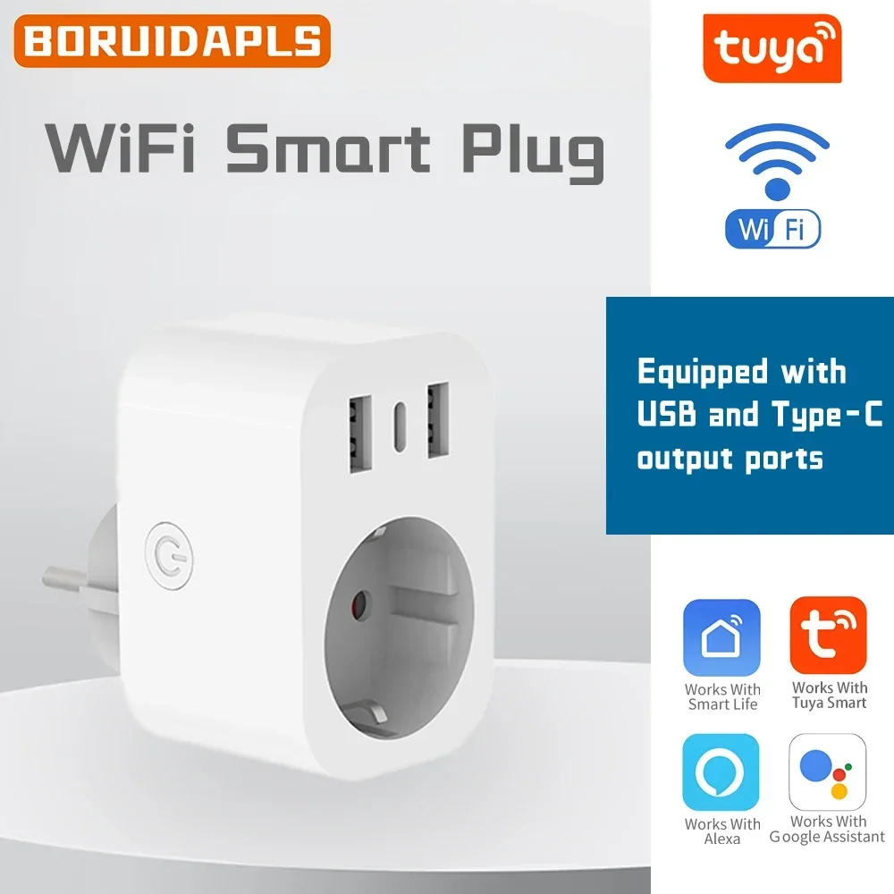 

BORUIDAPLS WiFi Smart Plug EU/KR Socket 2USB+Type-C Voice/Application/Timer Control Energy Monito Energy-saving Home Automation