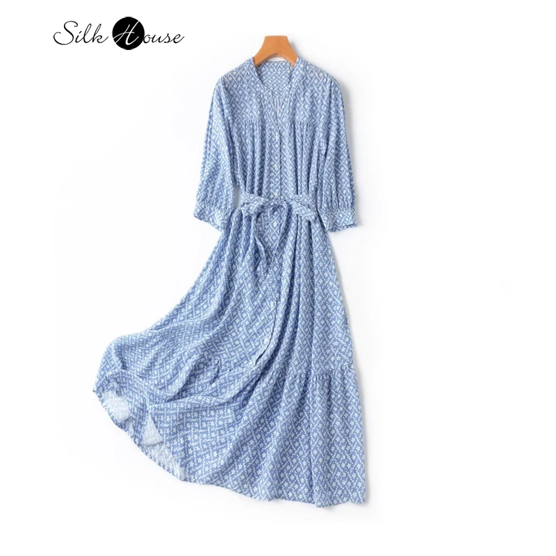 

2024 Women's Spring New Art Blue Fragmented Flower 100%Natural Mulberry Silk 03Crepe De Chine V-Neck Loose Ruffle Edge Dress