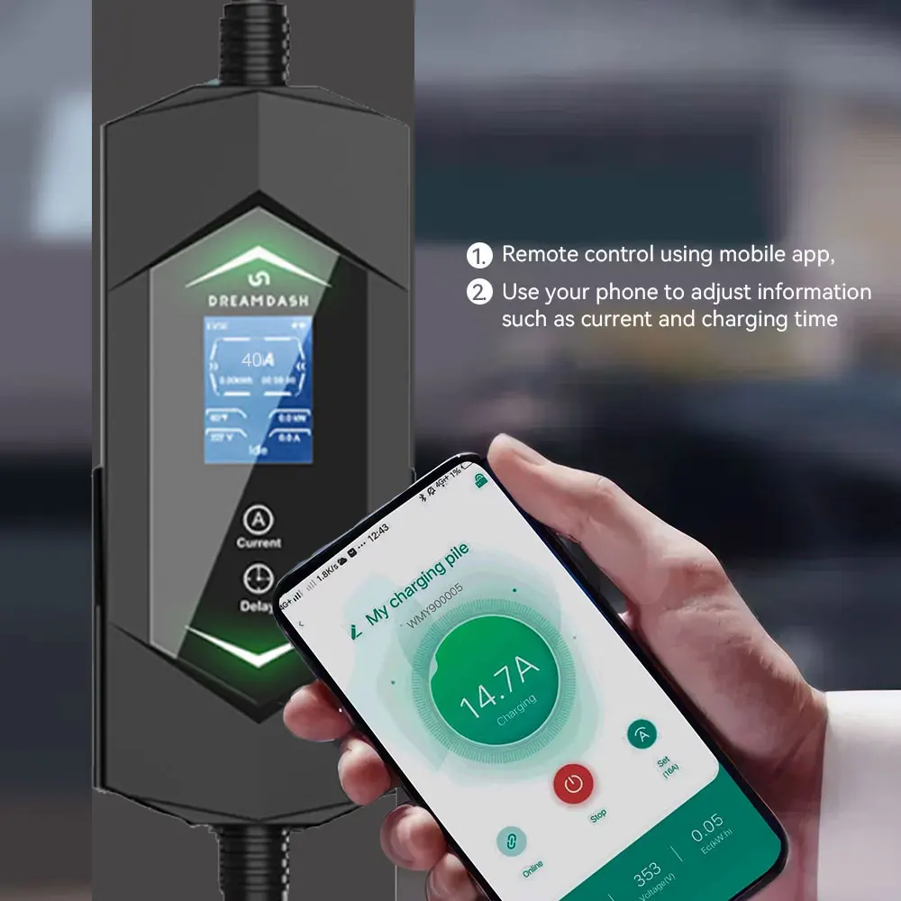 Dreamdash 1Phase 40A 9KW شاحن محمول حماية واي فاي بلوتوث APP التحكم شاحن السيارة الكهربائية SAE J1772 Type1