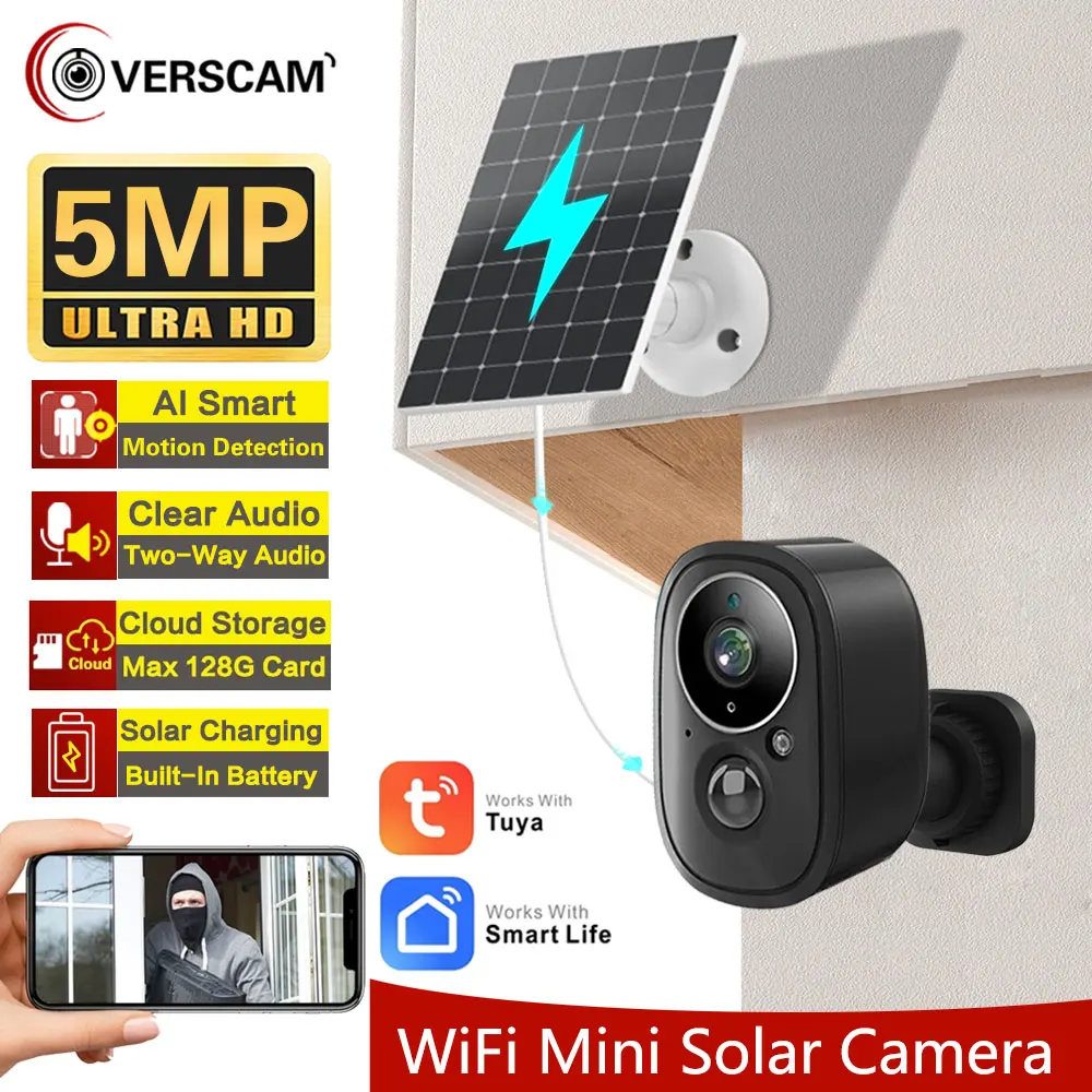 Cámara de Panel Solar negra con WIFI de 5MP, detección humana PIR, vigilancia, Tuya CCTV, batería recargable inalámbrica, tiempo de espera prolongado