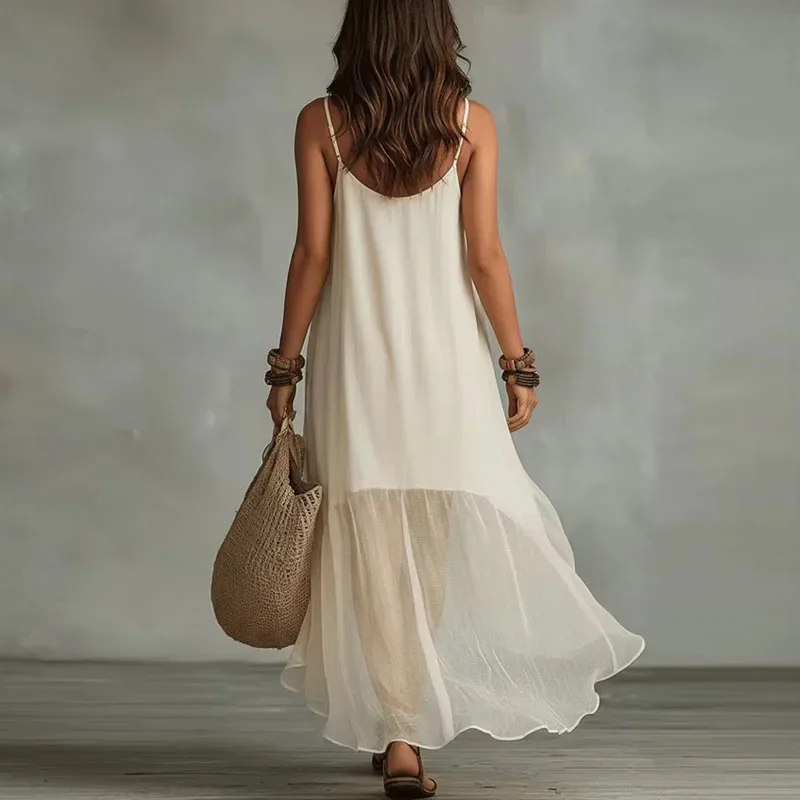 Boho Solid Sleeveless Maxi Dress Women Scoop Neck Spaghetti Strap High Low Irregular Ruffle Hem Flowy Casual Beach Holiday Dress