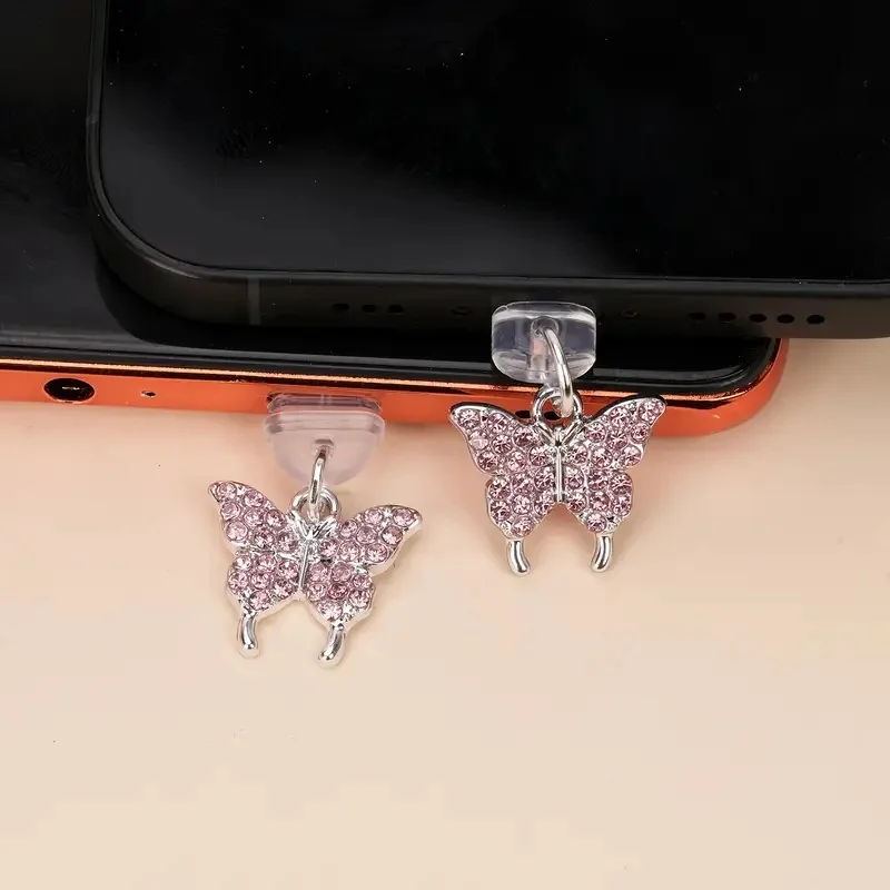 قطعة واحدة من قابس غبار الهاتف على شكل فراشة وردية، قابس مقاوم للغبار للهاتف، ديكور قلادة الهاتف، مناسب لهاتف Iphone/Type-C #2