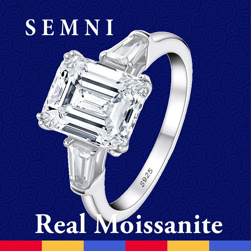 

SEMNI 4.0ct 5.0ct 8.0ct Emerald Cut Moissanite Diamond Ring for Women Ruby Sapphire Wedding Promise Band 925 Sterling Silver