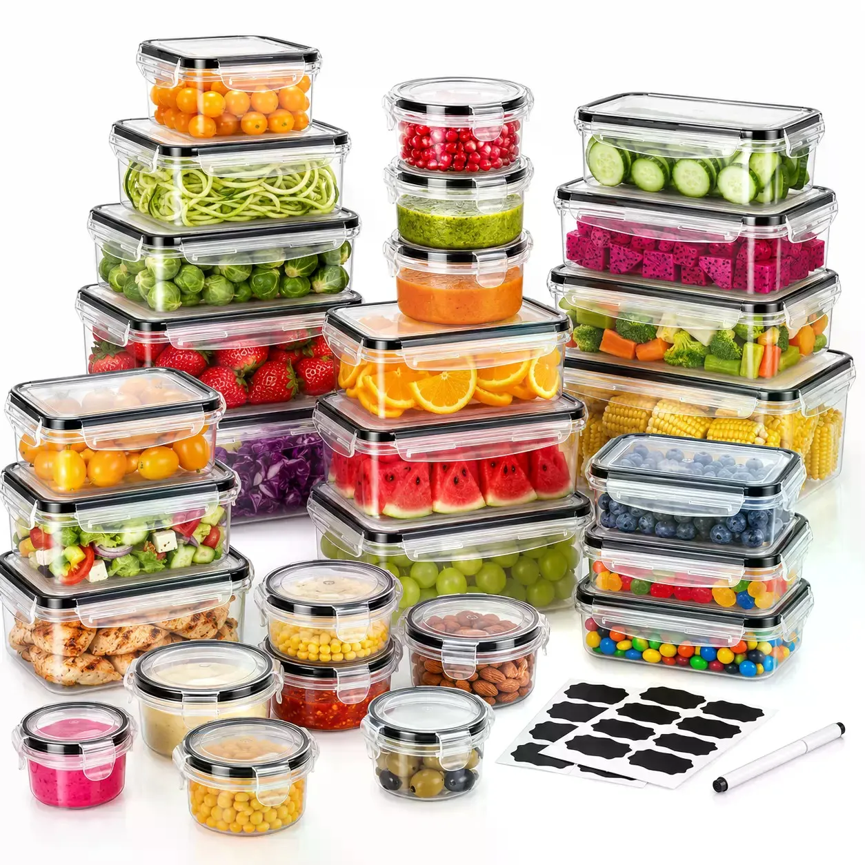 Food Storage Large Plastic Containers - 40個入り特大85オンスシリコン製密閉食品保存容器セット（容器20個＋蓋20個）- 正方形、円形、長方形、積み重ね可能、漏れ防止、再利用可能、電子レンジ・食器洗い機対応、冷蔵庫整理用ラベルとペン付き、家庭での食事準備に最適