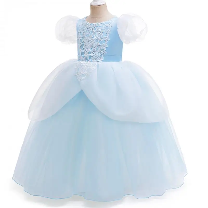 New Girls' Decal Bubble Sleeves Solid Color Long Mesh Princess Dress Halloween School Stage Play Cosplay Princess Dress