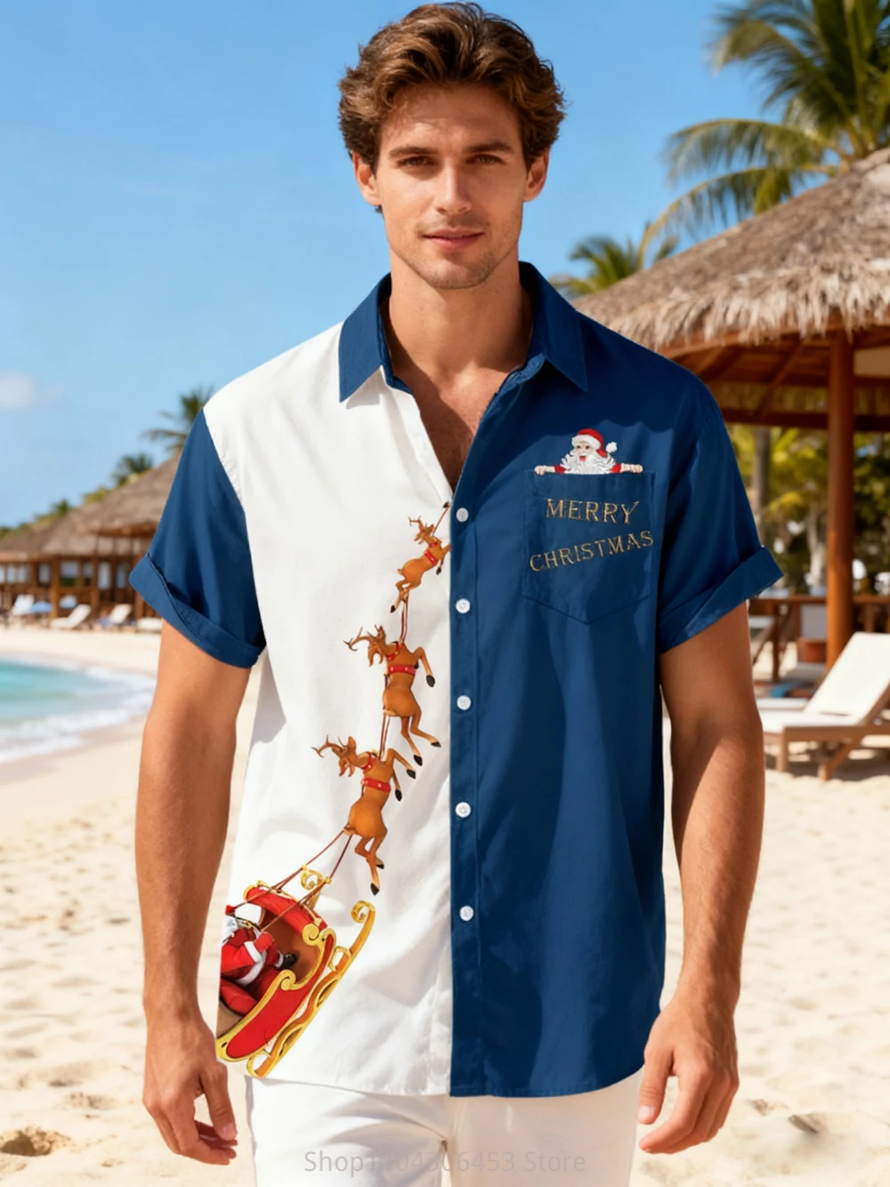 Men's Christmas Cartoon Animal 3D Printed Shirt Short-sleeved Lapel Family Party Hawaii Beach Vacation Casual Outdoor Shirt Top