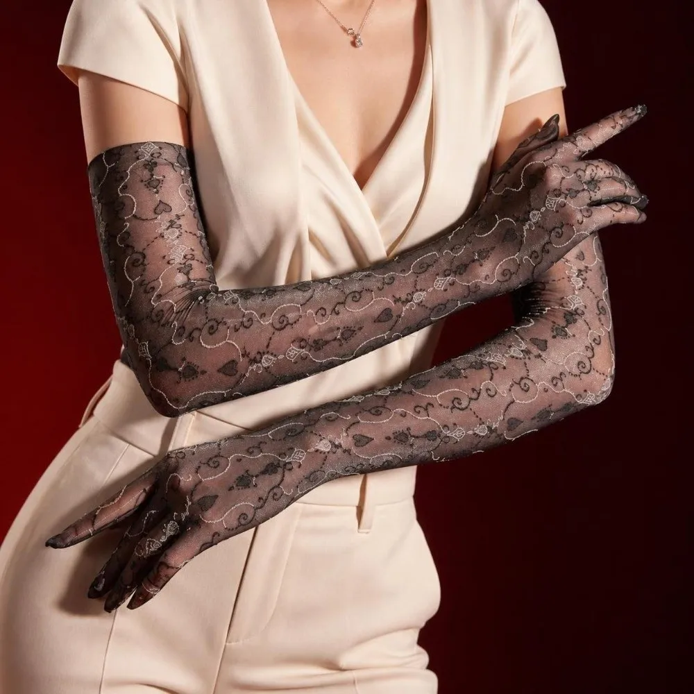 Ultra Thin Sheer Long Gloves Floral Printing Elastic Oil Shiny Gloves Sheer See Through Silky Smooth Dance Gloves Driving