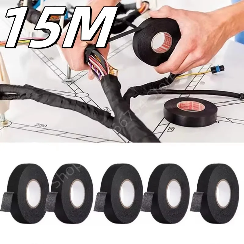 Black Electrical Fabric Tape Heat Resistant Wire Harness Bundle Insulation Auto Wiring Cloth Wrap Cable Protection Adhesive Tape