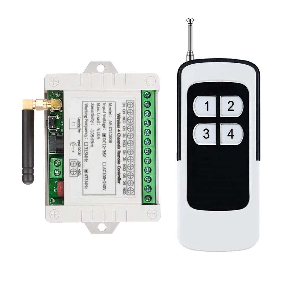 Smart Multiple DC 12v 24V 36V 10A 433MHz 4 Channel Wireless Relay RF Remote Control Switch Receiver + 4button 200M Transmitter
