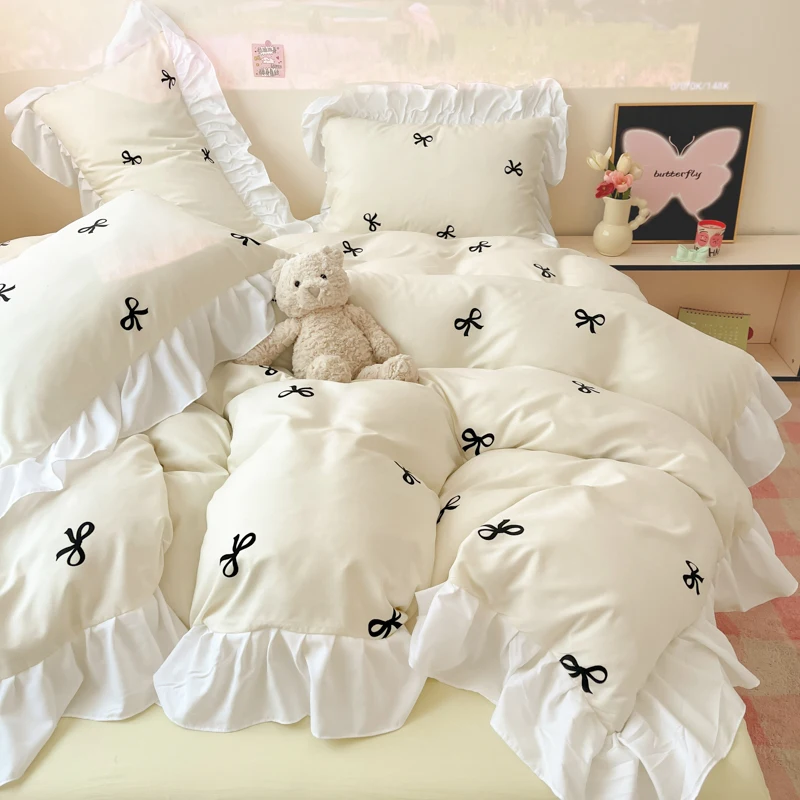 2025 New Yunsoft Cotton Korean INS Age Reduction Lace Cartoon Four-Piece Set Quilt Cover Set Girls Bedding Set