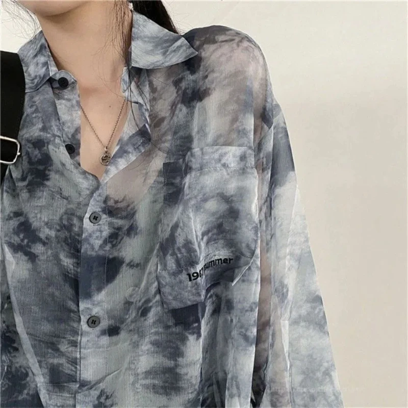 Tie Dye Thin Loose Blouse Summer New Long Sleeve Polo Neck All-match Loose Street Casual Shirt Tops Fashion Trend Women Clothing