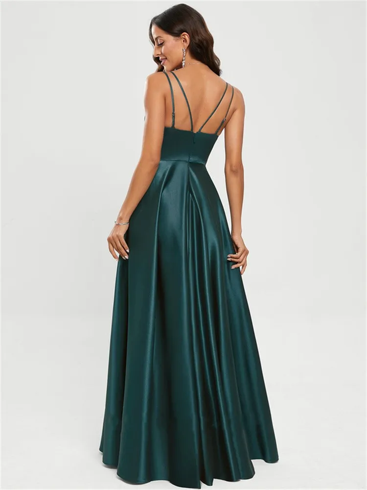 Robe de bal en Satin pour femmes, ligne a, col en v, longueur au sol, sans manches, couleur unie, Slim, élégante, pour fête