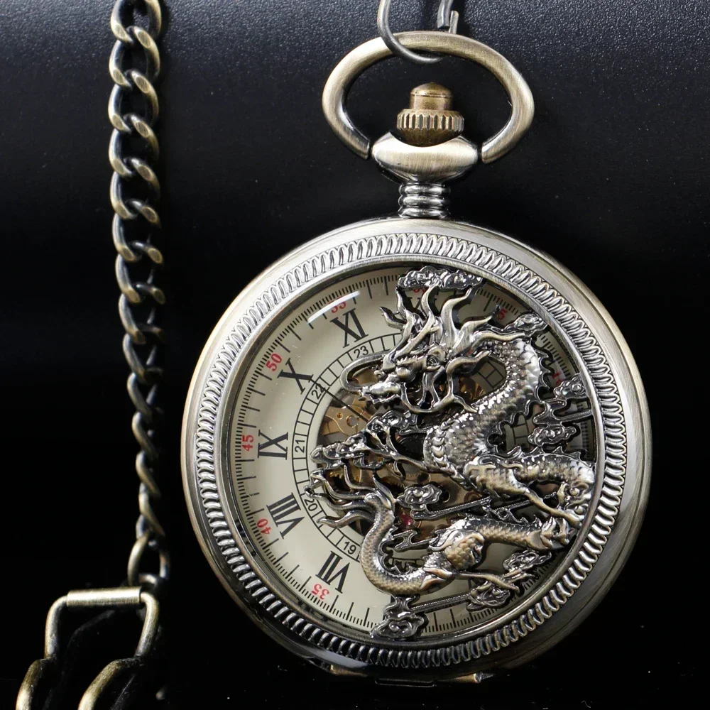 Retro mechanische Taschenuhr Dragon Steampunk Uhr Taschenuhr mit Kette Double Hunter Luxus männliche Taschenuhr Kette Uhren Geschenk