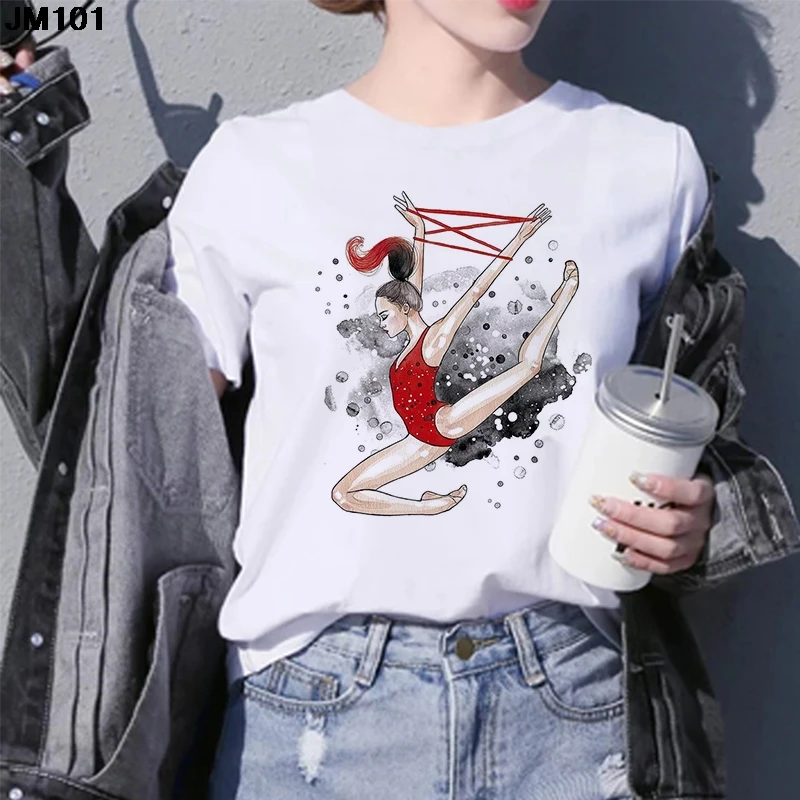 Watercolor Ballet Dancer Printing Female White T Shirt Kawaii Gymnastics Dance Femme Custom Tshirt Harajuku Women's Tops T-shirt