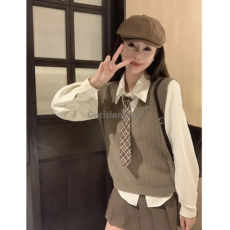 2025 vintage stile accademia jk uniforme autunno maglia gilet camicia a maniche lunghe vita alta gonna a pieghe uniforme scolastica set da 3 pezzi