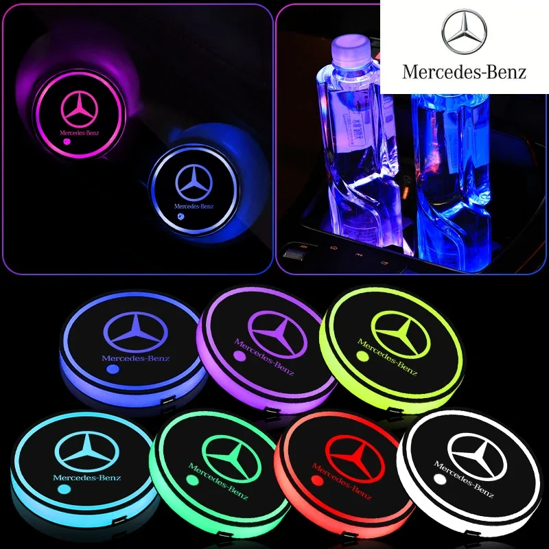 2PC LED Illuminated Car Water Cup Coaster Auto Interior Atmosphere Light Coaster for Mercedes Benz C260 W204 W205 W211 W212 W190