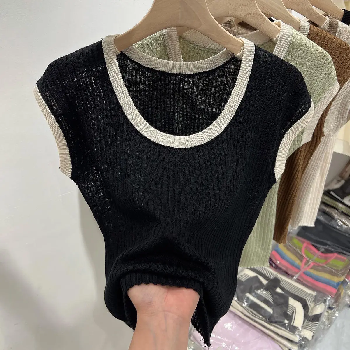 Summer 2024 New Color Contrast Short Sleeve T-Shirt Round Neck Knit Top Women\'s T-shirt Slim Fit Pit Strip Base Shirt Women Vest