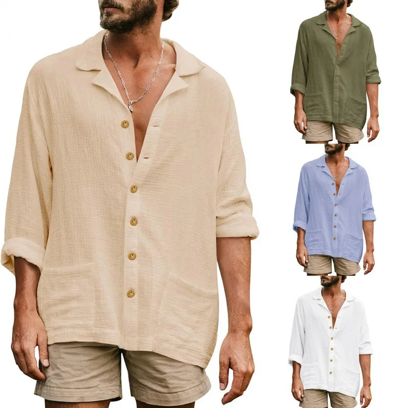 

Spring Men's Loose Casual Lapel Long-sleeved Shirt, Men's Solid Color Comfortable Shirt 2026 Spring And Summer New Products