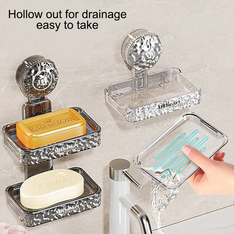 Soap Dish Wall Mounted Shower Suction Cup Holder Household Non-slip Soap Box Sponge Drain Rack Organizer Bathroom Accessories