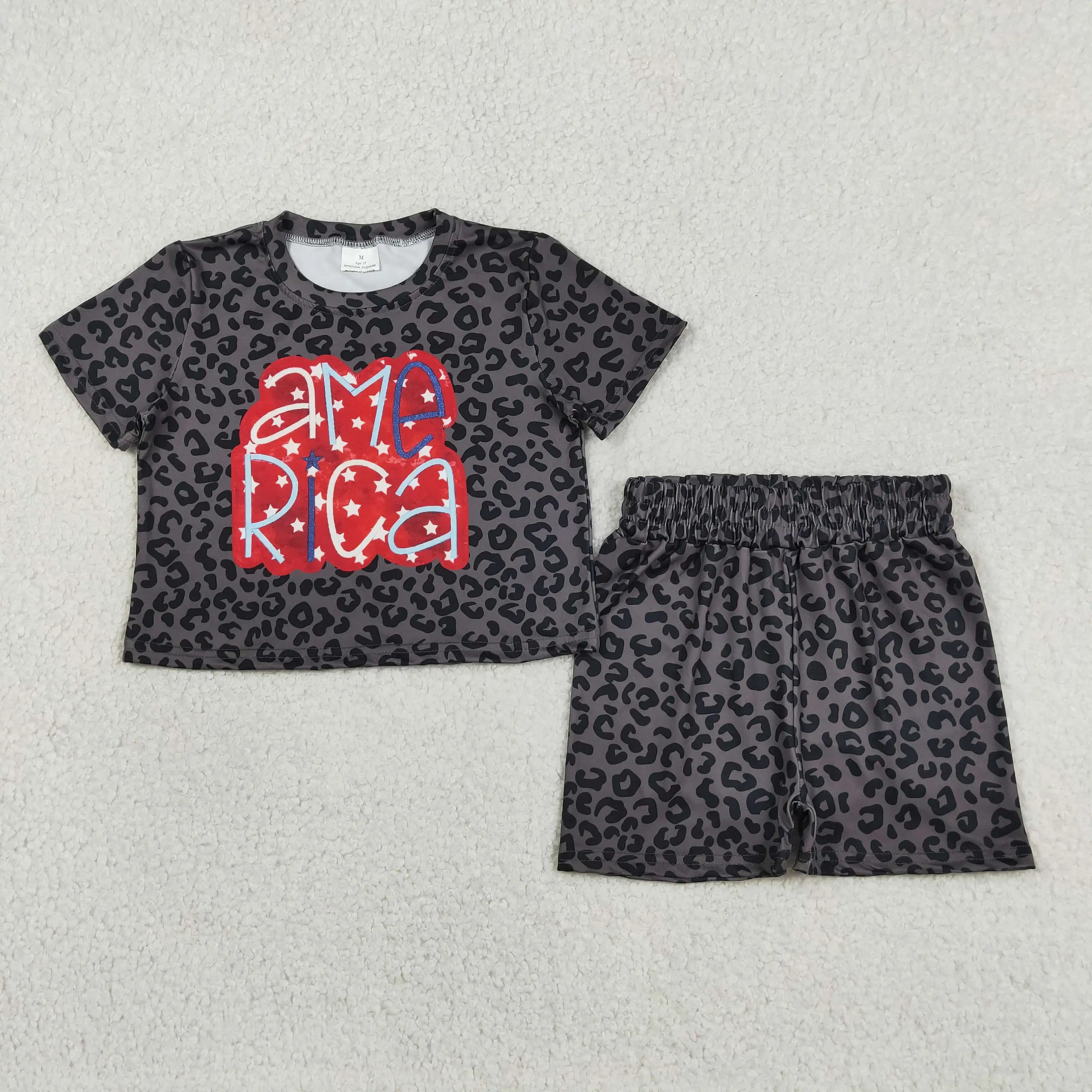 Wholesale Toddler 4th of July Clothes Baby Girl Short Sleeves Stars Leopard Tee Shirt Shorts Outfit Kids Children Set