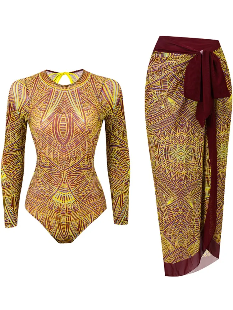 

Mesh Retro Bikini Printed Fashion Swimsuit And Cover Up With Skirt Tight Women's Bandage Summer Beach Luxury Elegant 2026