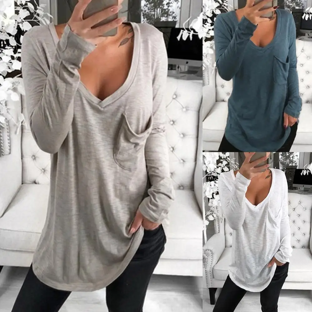 Fashion Sexy Women T-shirts Solid Color cotton Deep V neck Long Sleeve Tops Front Pocket Loose Tunic T shirt for women female