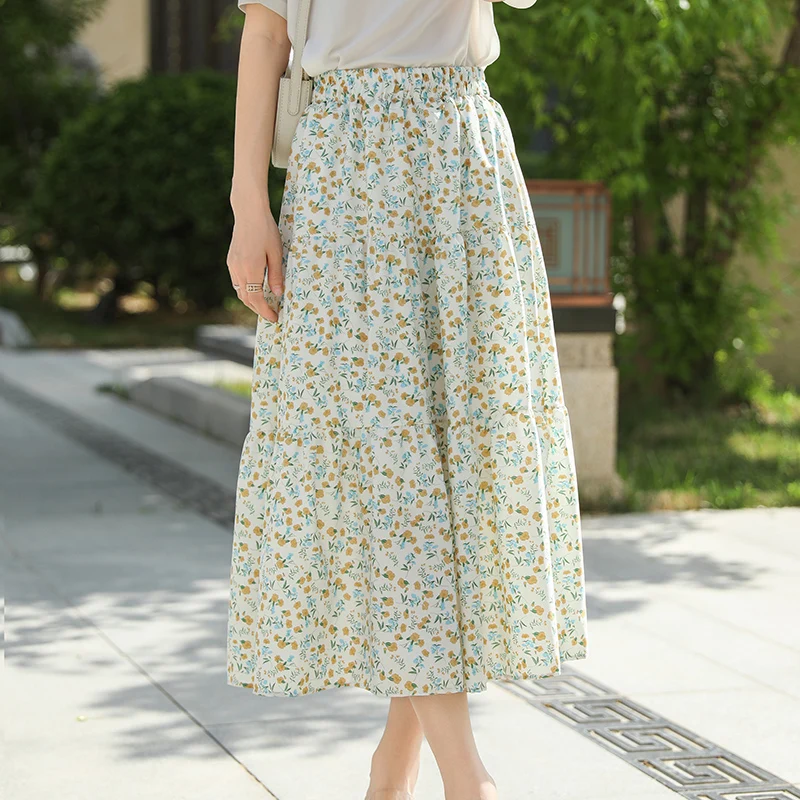 Französische Chiffon-Blumenröcke für Damen, Sommer, hohe Taille, drapiert, modischer Faltenrock in der langen A-förmigen großen Schaukel-Regenschirmrock