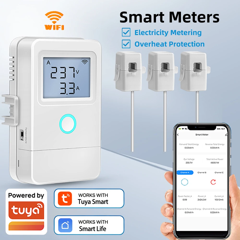 

Arumny WiFi Smart Power Meter 3 CT Clamps Tuya Smart Life Consumption Track 16A LCD Switch Overheat Alarm Flame Retardant Shell