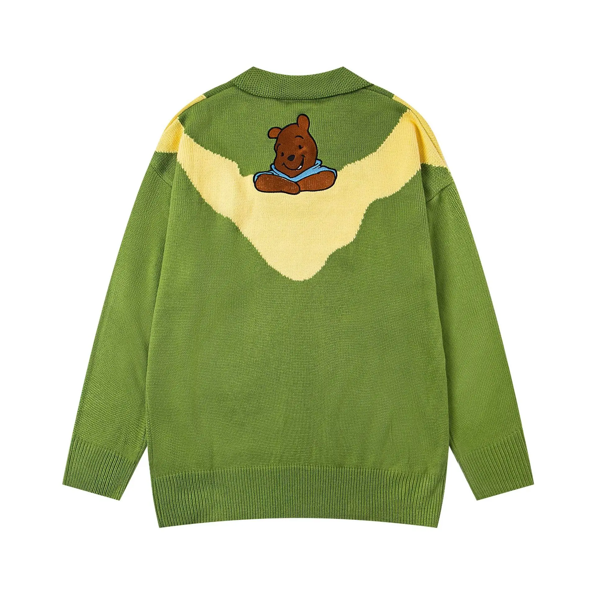 미국 레트로 베어 컬러 블록 라펠 스웨터 유니섹스 가을 루즈 캐주얼