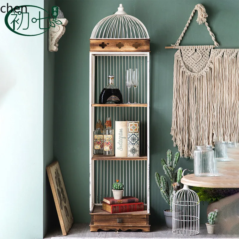 YFY Iron Birdcage Storage Rack Floor Flower Stand Solid Wood Decorative Shelf