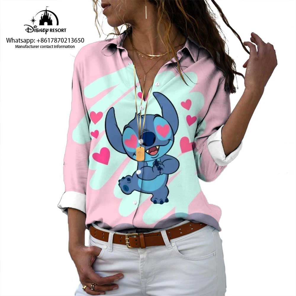 2024 Lilo & Stitch New Harajuku Fashion Lapel Long Sleeve Single Breasted Shirt Mary Cat Anime 3D Print Casual Shirt ins