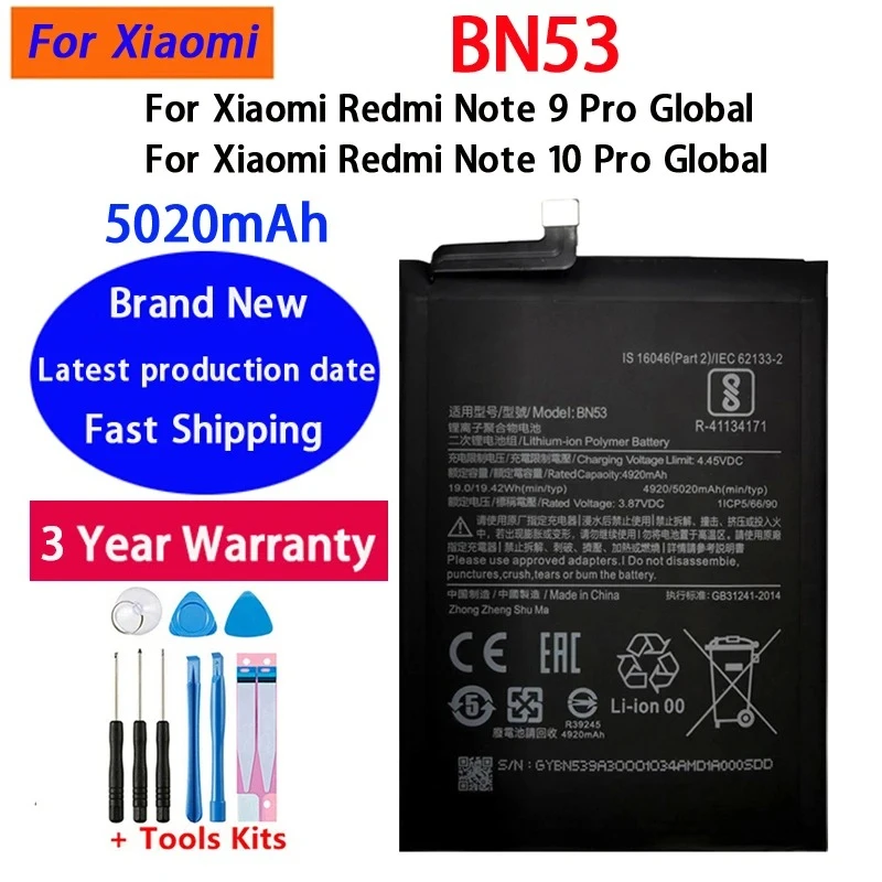 Fast Shipping 5020mAh BN53 Battery For Xiaomi Redmi note 10 Pro global/Redmi note 9 Pro global replacement Batteries+Tools