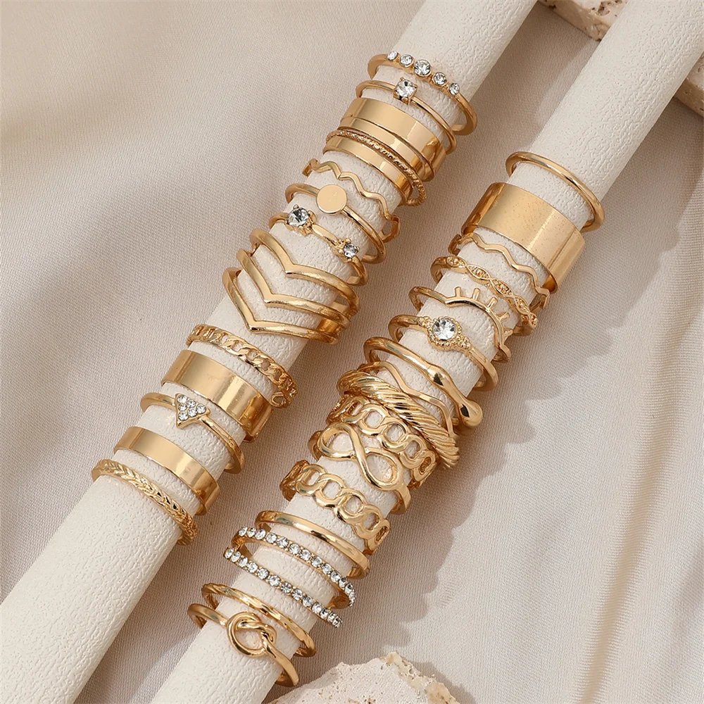 30Pcs/Set Wave Pattern Infinite Metal Layering Geometric V-Shaped Ring With Rhinestone Inlaid Suitable For Women's Daily Wear image 3