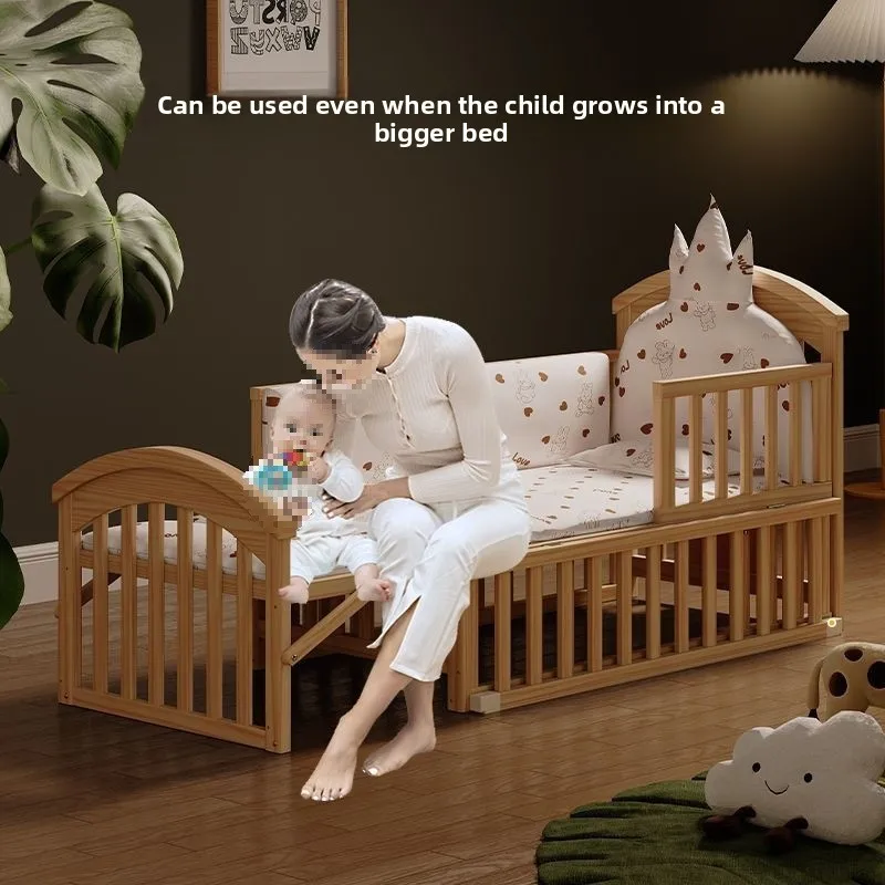 Crib, solid wood unpainted cradle crib, neonatal multi-functional splicing bed can be moved