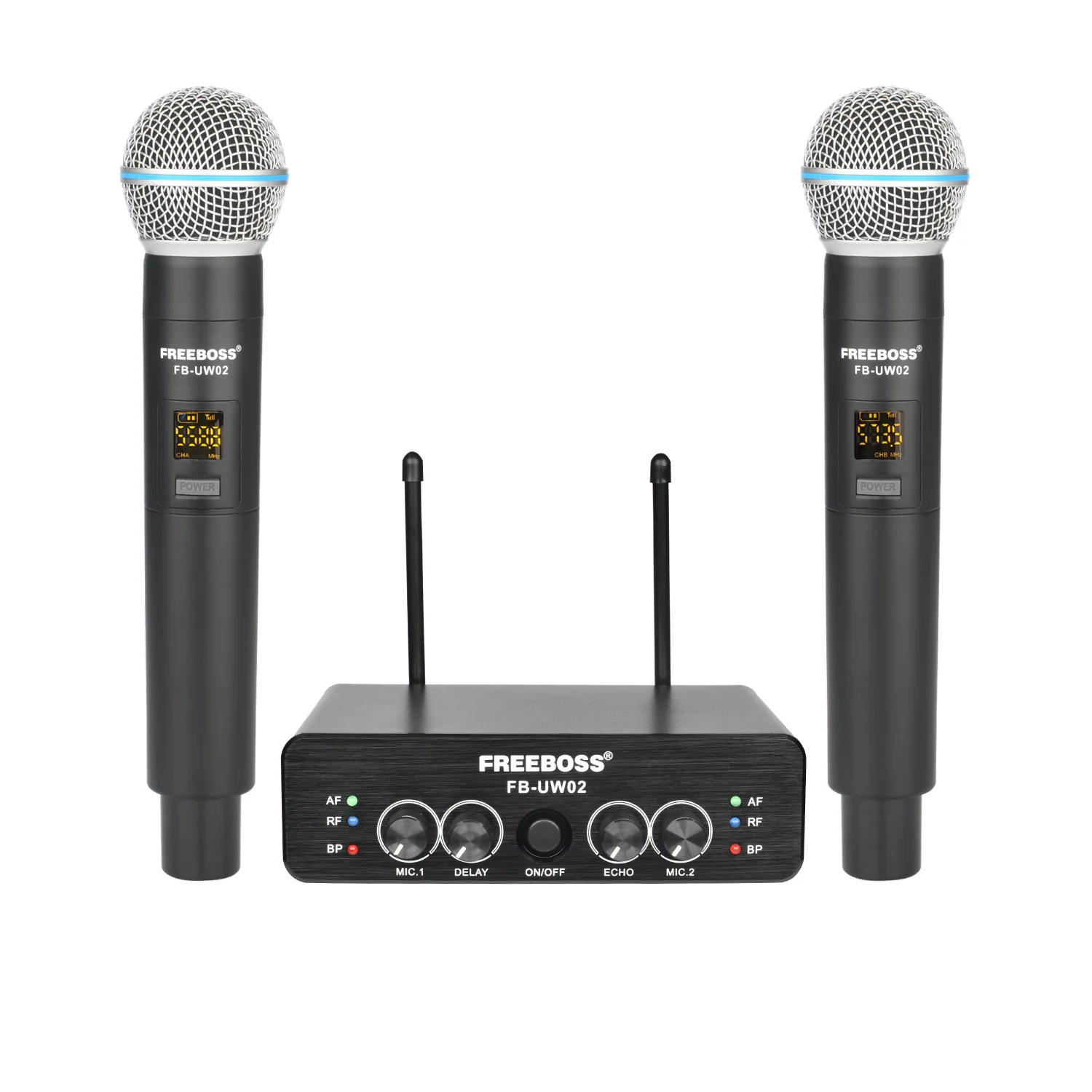 FREEBOSS Echo Effects Wireless Microphone 2 Handheld UHF Adjustable Frequency Dynamic Pro Mic System for Party Karaoke FB-UW02