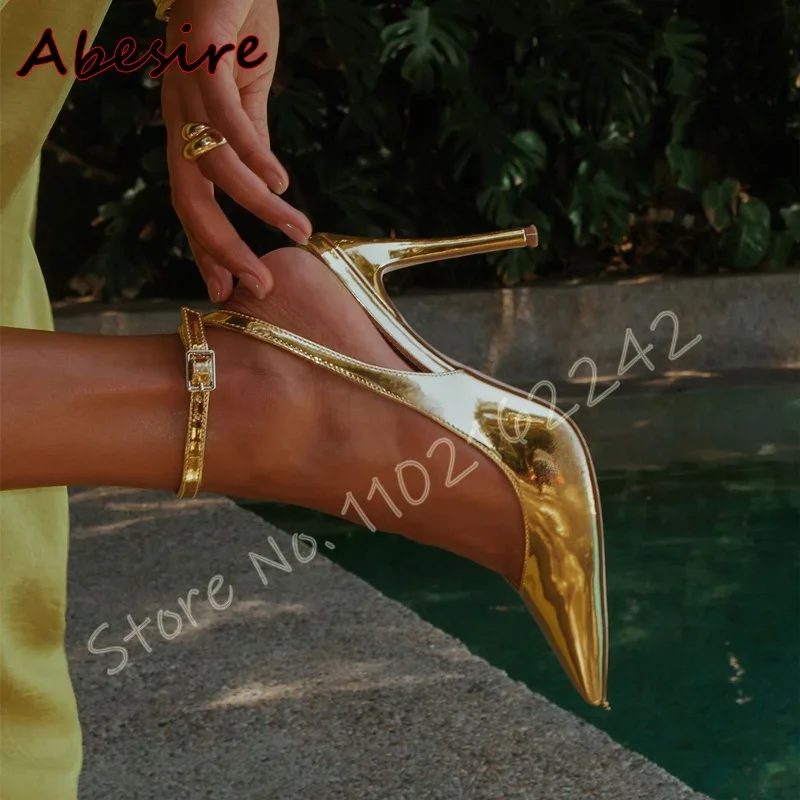 

Spring New Shiny Gold High Heels Pointed Stiletto Buckle Strap Mules Sandals Elegant Party Casual Dress Evening Shoes Women'S