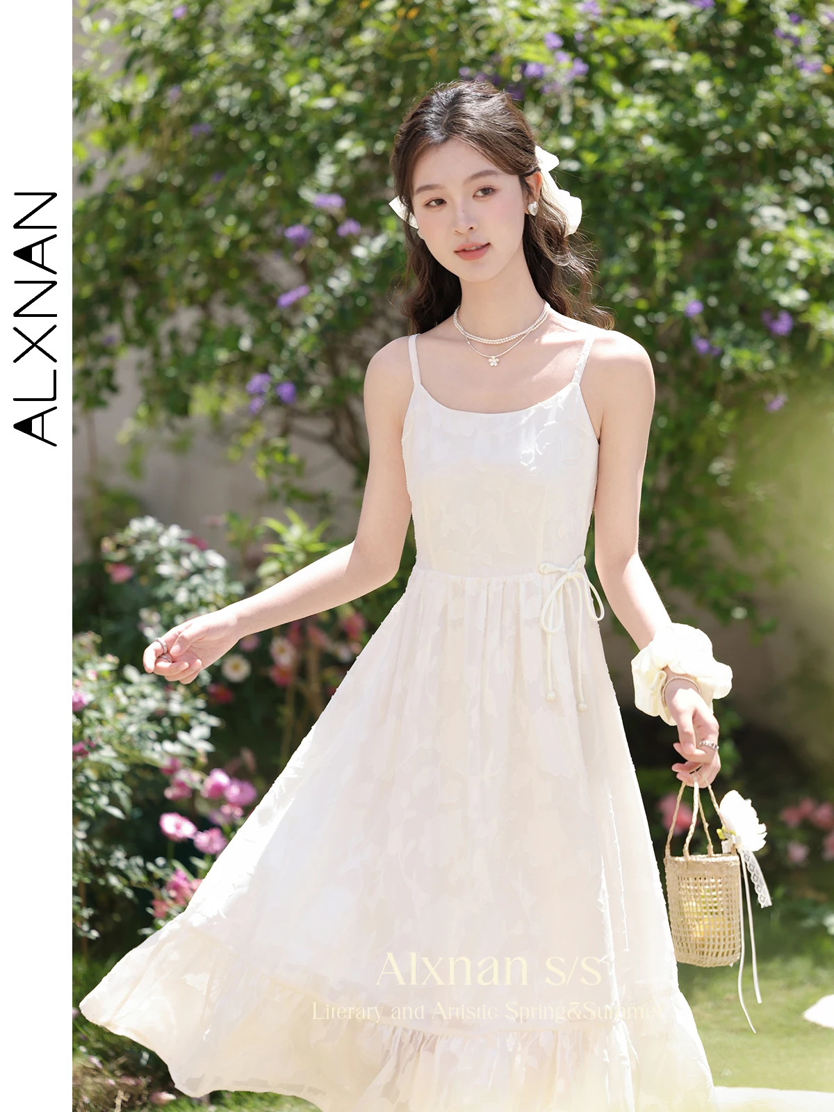 

ALXNAN Women's Cami Midi Dress 2024 Fairycore Floral Embroidery Ruffled Hem Spaghetti Strap Flared Dresses Summer Clothes L35250