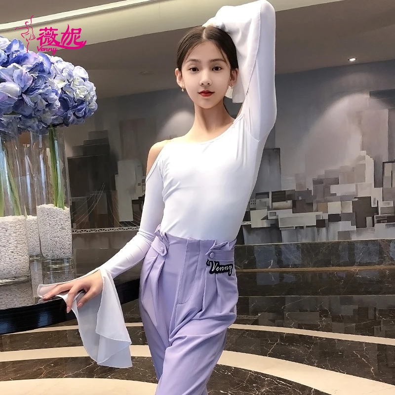 

Платье для латинских танцев Venny для девочек, белый топ с длинными рукавами, элегантная одежда для бальных выступлений и тренировок