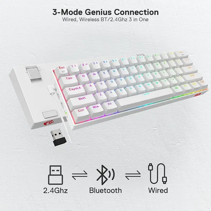 Redragon K530 Pro Draconic 61 Keys 60% Wireless RGB 100% Hot-Swap Socket Mechanical Keyboard Bluetooth/2.4Ghz/Wired 3-Mode