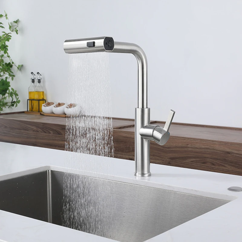 In Stock Kitchen Sink Mixers 304 Stainless Steel Hot And Cold Waterfall Faucet Pull Out Kitchen Taps