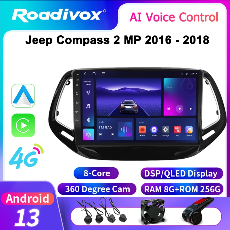 roadivox Android Car Radio for Jeep Compass 2 MP 2016 - 2018 GPS Navigation Video Stereo Screen Multimedia Player Carplay